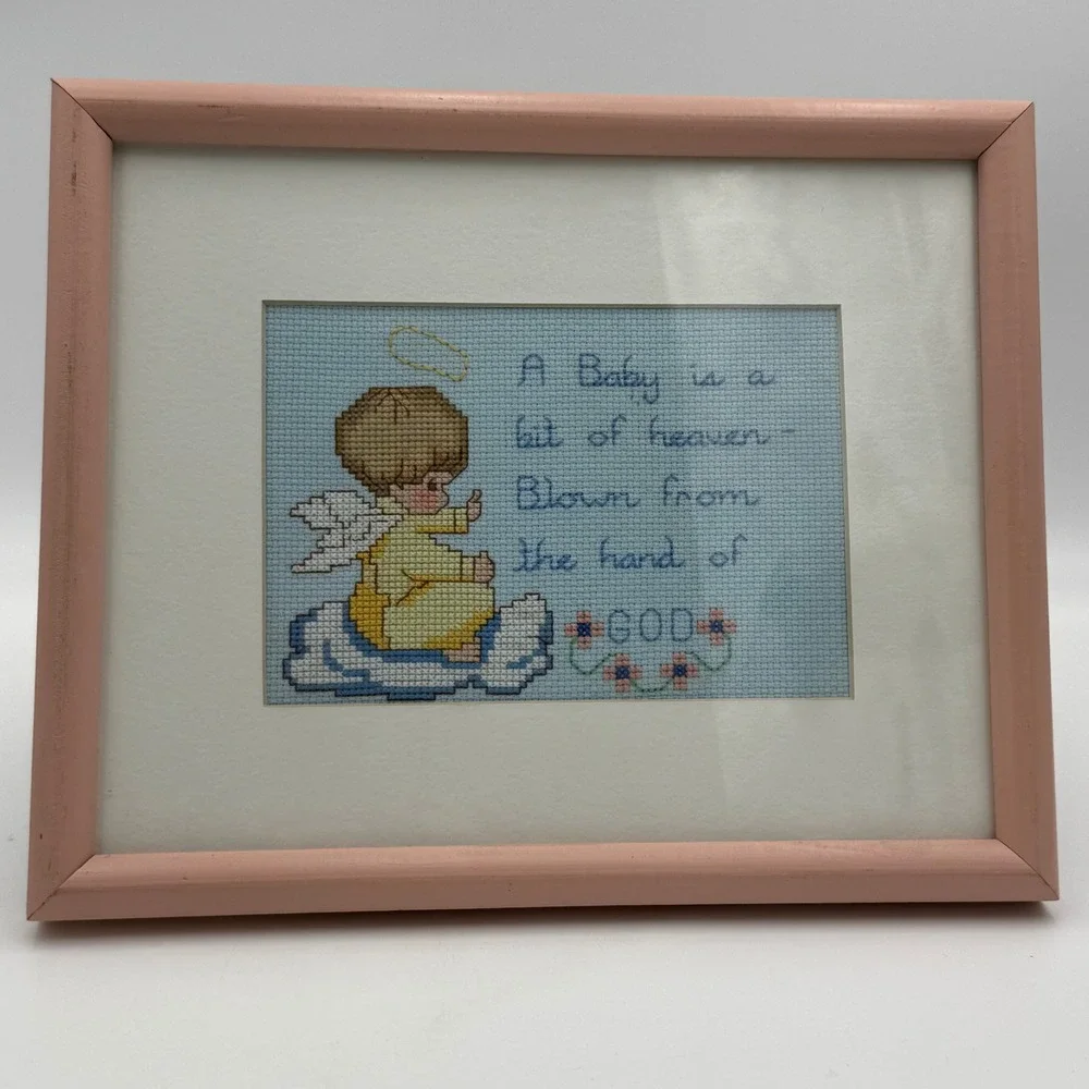 Vintage Framed Baby Angel Cross Stitch Wall Art Nursery Decor Pink 8x10